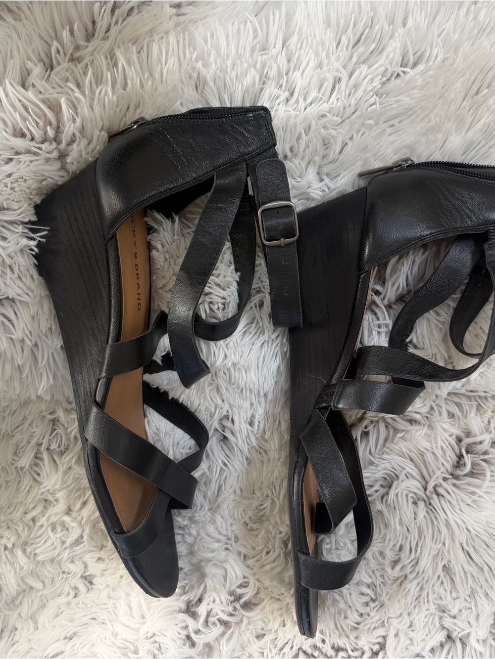 Lucky Brand Black Leather Strappy Wedge Sandals